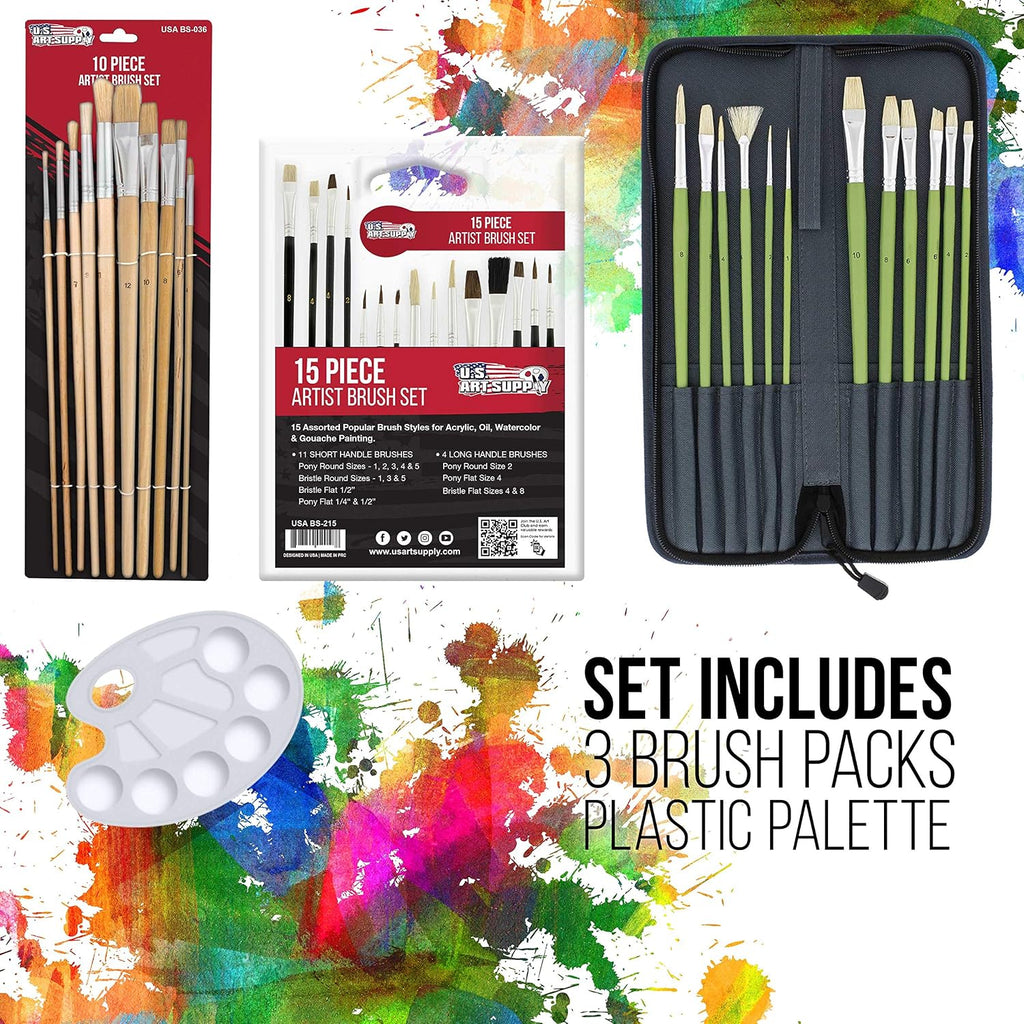 U.S. Art Supply 70-Piece Artist Oil Painting Set with Aluminum Field Easel, Wood Table Easel, 24 Oil Paint Colors, 37 Brushes, 2 Stretched Canvases, 6 Canvas Panels, Painting Pad, Palette & More