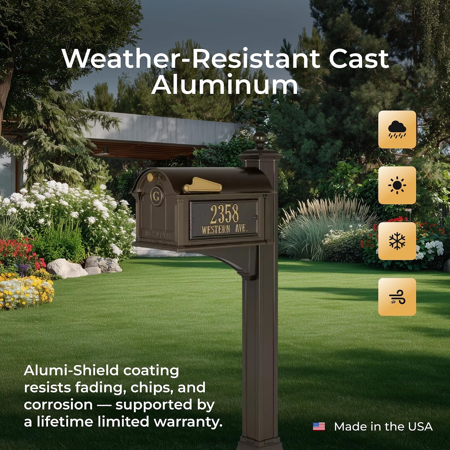 Whitehall Balmoral Monogram Mailbox with Post Black Oversized Cast Aluminum Mailbox Package with Personalized Side Plaques, Monogram Door & Weather-Resistant Deluxe Post