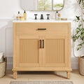 36' Rattan Bathroom Vanity with Sink, Bathroom Vanities with Soft Close Doors & Drawers, Freestanding Bathroom Sink Cabinet with Solid Wood Legs & Large Space Storage, Modern Vanity, Natural