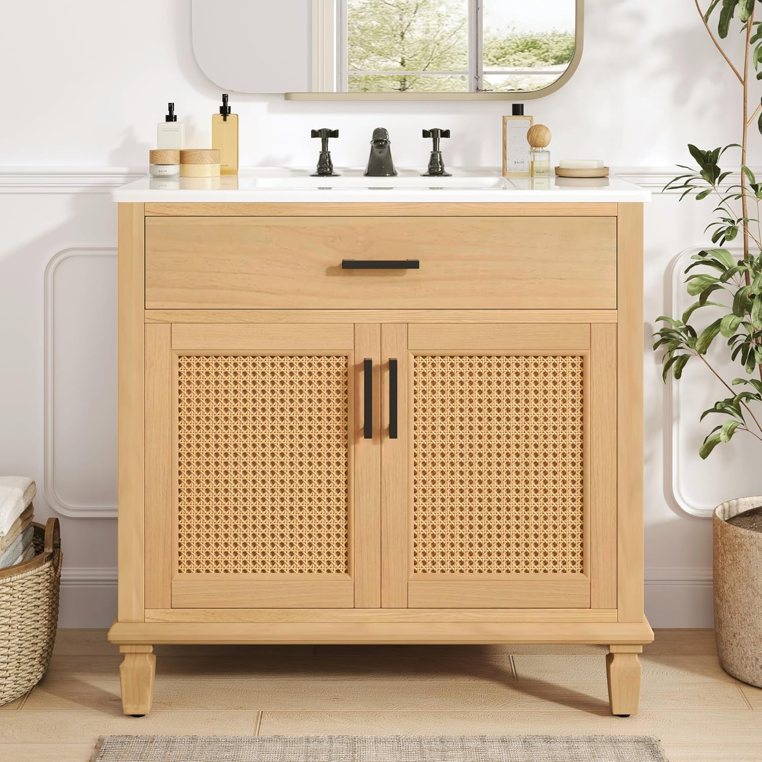 36' Rattan Bathroom Vanity with Sink, Bathroom Vanities with Soft Close Doors & Drawers, Freestanding Bathroom Sink Cabinet with Solid Wood Legs & Large Space Storage, Modern Vanity, Natural
