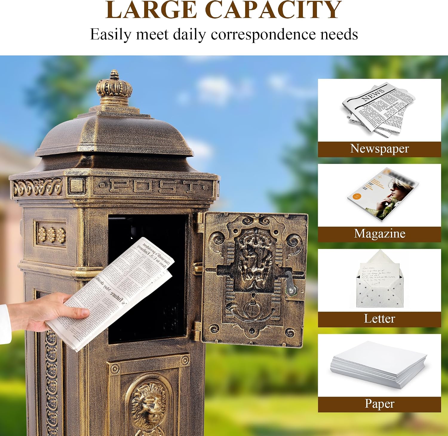 Vintage Large-Capacity Cast Aluminum Mailbox, Outdoor Weatherproof Floor Standing Postbox, Decorative Copper Finish Letter Box with Lock, Roman Column Design for Home Use (Copper)