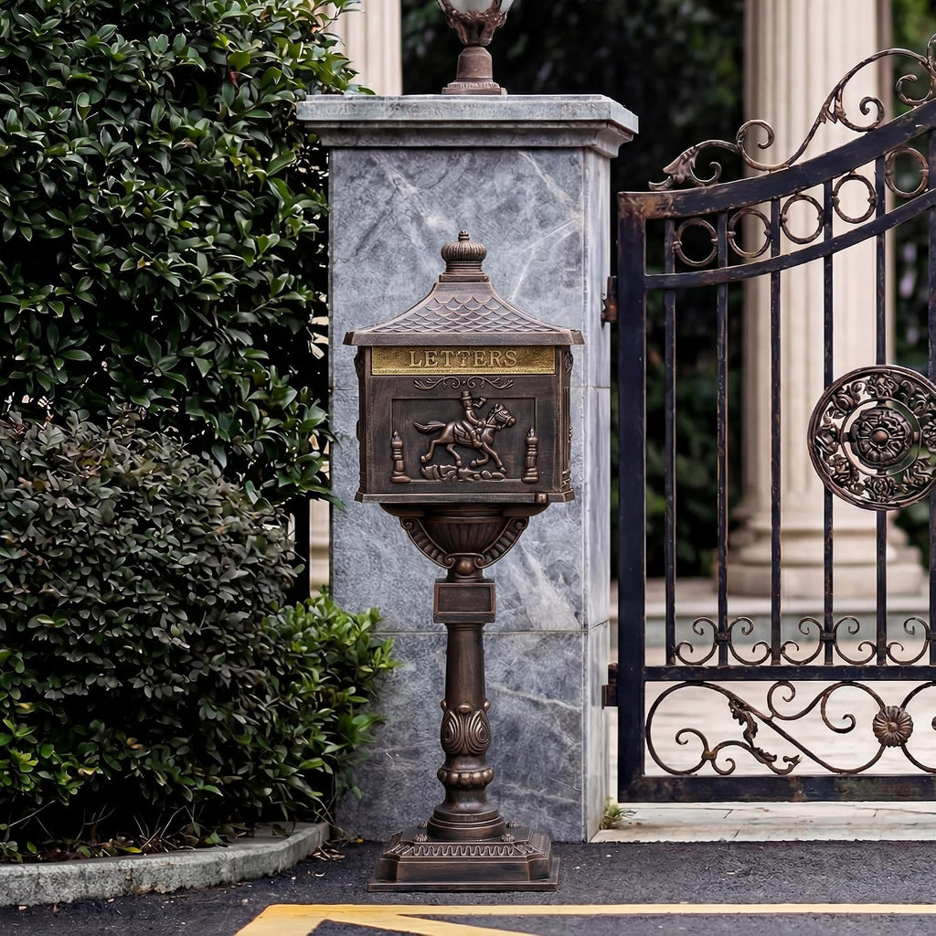 Cast Aluminum Locking Mailbox, Heavy Duty Security Postal Box, Retro Mid-Century Outdoor Mailbox with Key Lock, Weatherproof Anti-Theft Design, Easy Installation, Bronze