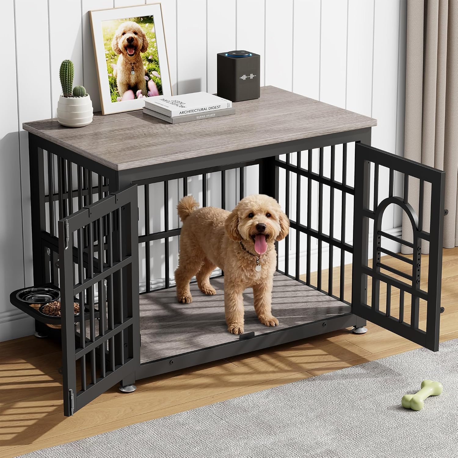Lulive Dog Crate Furniture 37.8' Wooden Dog Kennel Table with Bowls Heavy Duty Dog Crates for Small/Medium/Large Dogs, Dog Kennel Furniture Indoor as TV Stand End Table,Grey