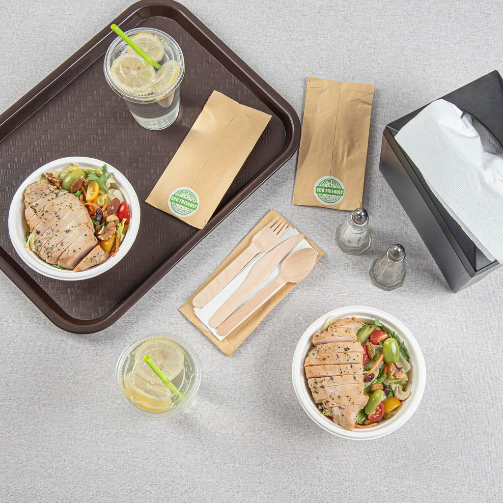 Restaurantware Eco Luxe 7 x 3.5 Inch Wooden Cutlery Set 100 Disposable Take Out Utensils - Includes White Napkin Prepackaged Birch Wood Utensil Sets Sustainable For Parties Or Picnics