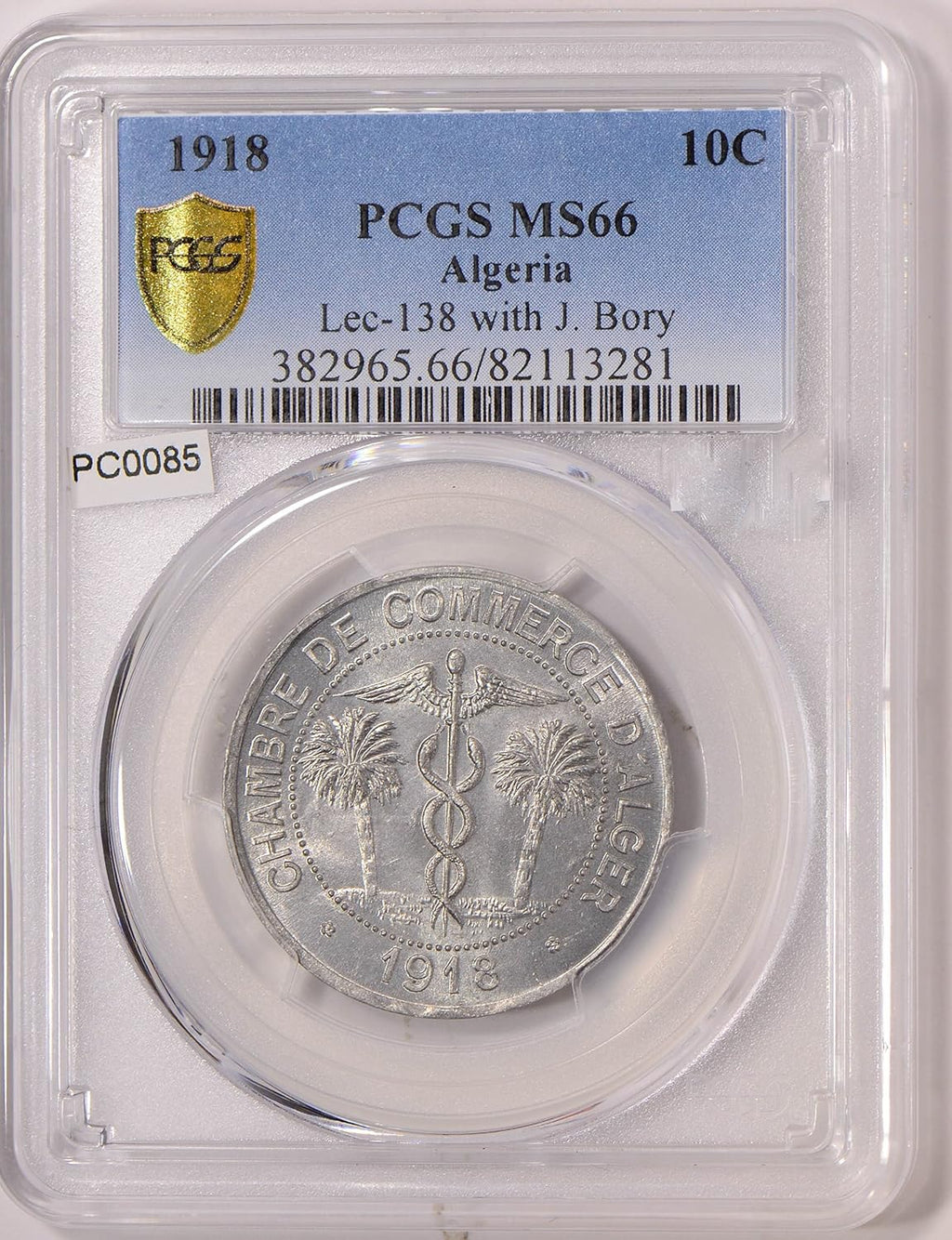 Collectible Coin PC0085 Algeria 1918 10 Cents PCGS MS 66 Lec-138 with J. Bory rare in this grade