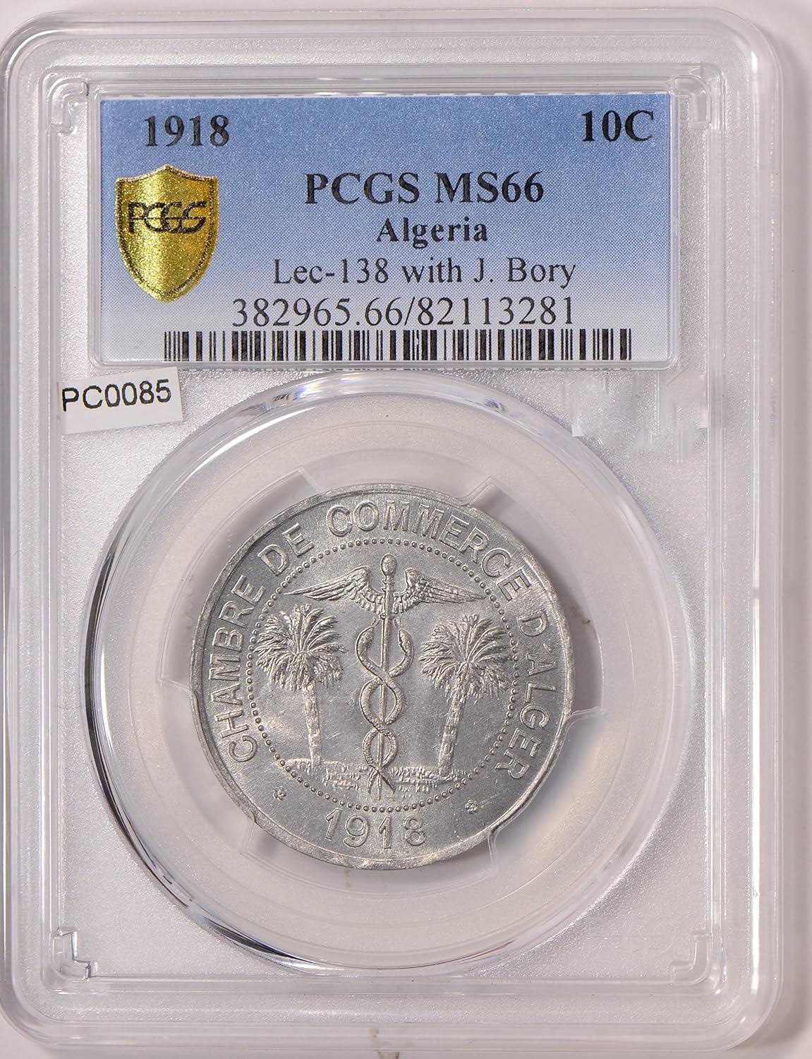 Collectible Coin PC0085 Algeria 1918 10 Cents PCGS MS 66 Lec-138 with J. Bory rare in this grade
