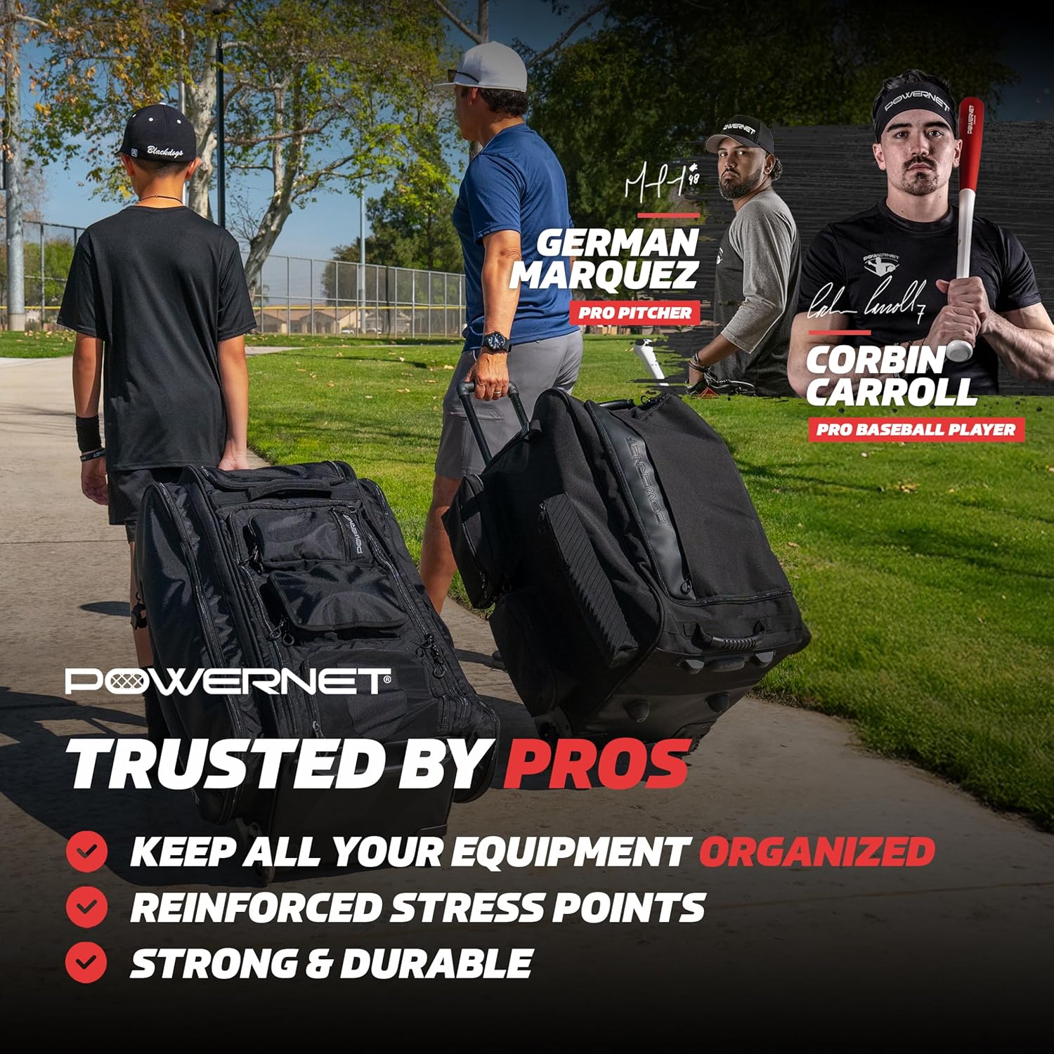 PowerNet Optimus Catcher's Bag, Rolling Equipment Bag Holds All Baseball & Softball Gear, 7 Internal Bat Sleeves, Cleat Compartment, Personalization Panel & Hooks