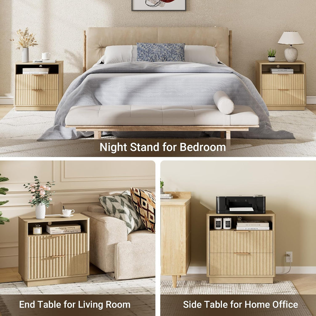 Fluted Nightstand, 23' Wide Night Stand, Modern Nightstand with Charging Station, 2 Drawer Large End Table w/Storage, Bedside Table for Bedroom Sofa Home Office, Curved Corners, Natural Oak