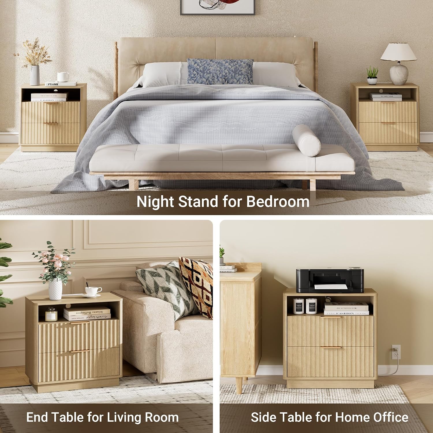 Fluted Nightstand, 23' Wide Night Stand, Modern Nightstand with Charging Station, 2 Drawer Large End Table w/Storage, Bedside Table for Bedroom Sofa Home Office, Curved Corners, Natural Oak