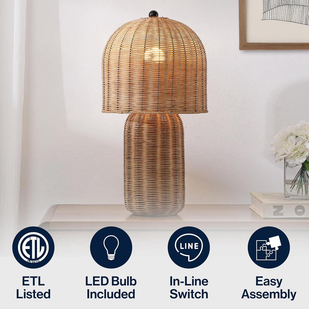 JONATHAN Y 22.5' Natural Brown Modern Coastal Woven Rattan Arched Table Lamp, Scandinavian Minimalist Bedside Lamp for Living Room, Bedroom, LED Bulb Included JYL5702A