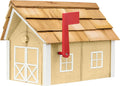 Amish-Made Deluxe Post Mount Wooden Mailbox with Cedar Shingles (Beige with White Trim)