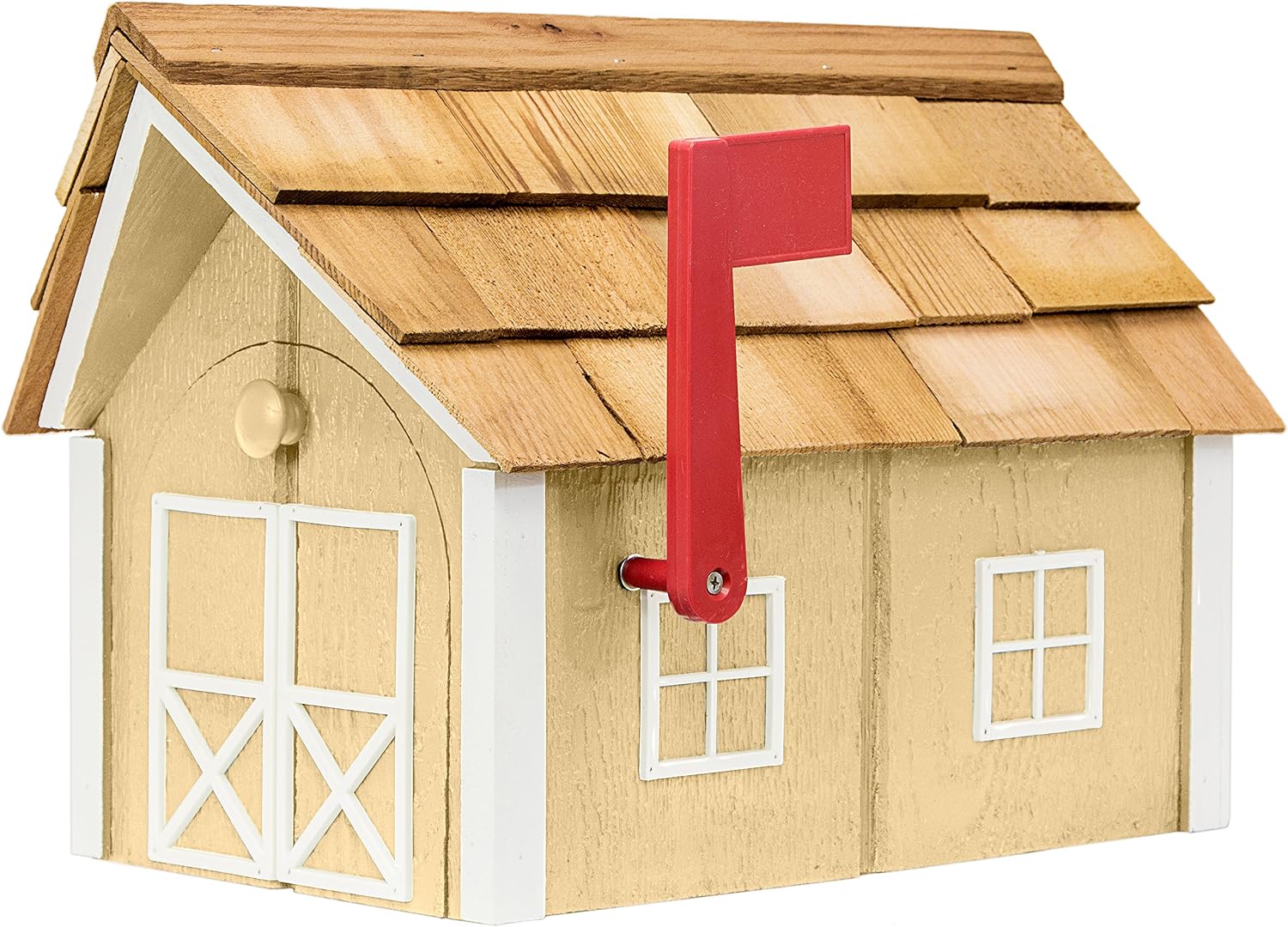 Amish-Made Deluxe Post Mount Wooden Mailbox with Cedar Shingles (Beige with White Trim)