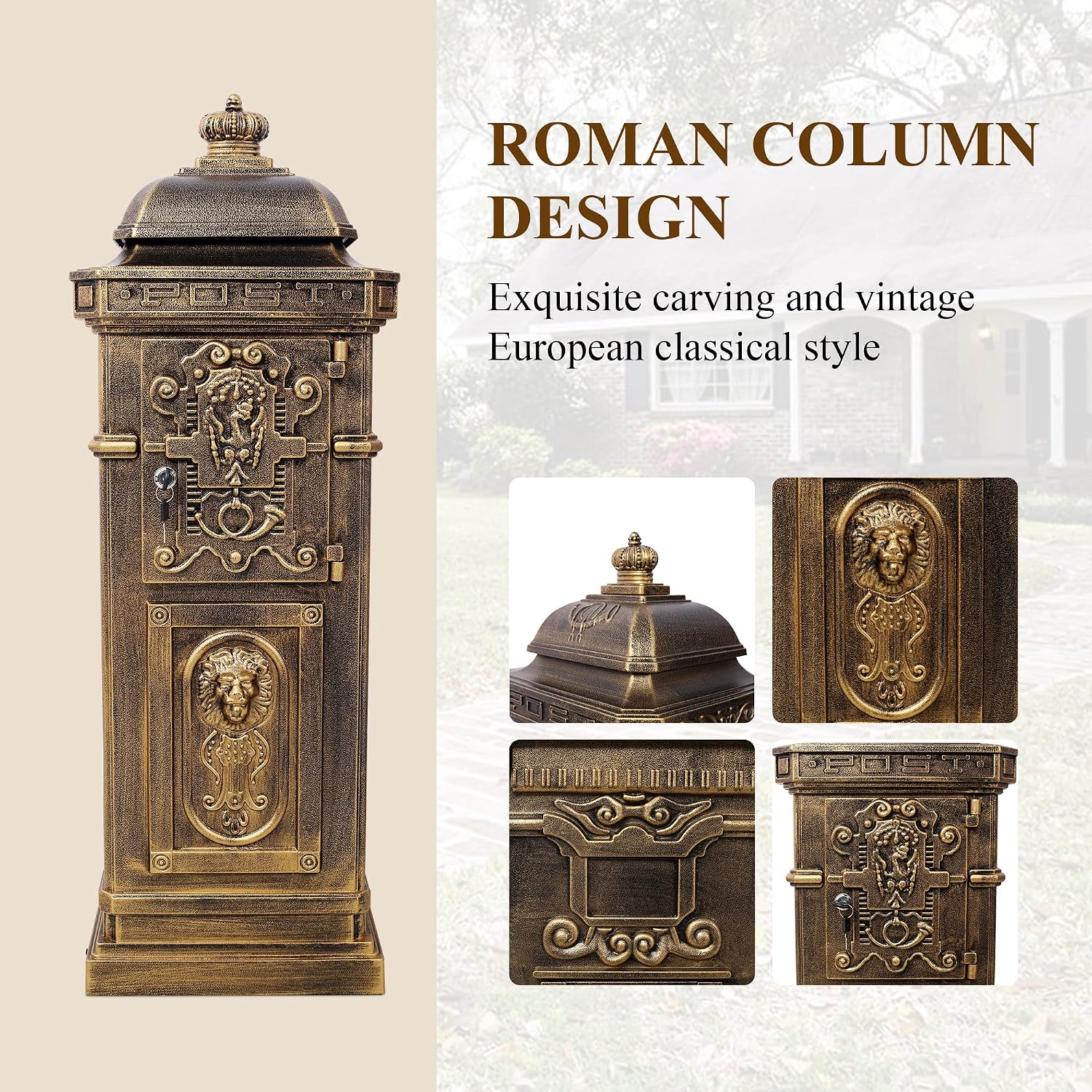 Vintage Large-Capacity Cast Aluminum Mailbox, Outdoor Weatherproof Floor Standing Postbox, Decorative Copper Finish Letter Box with Lock, Roman Column Design for Home Use (Copper)