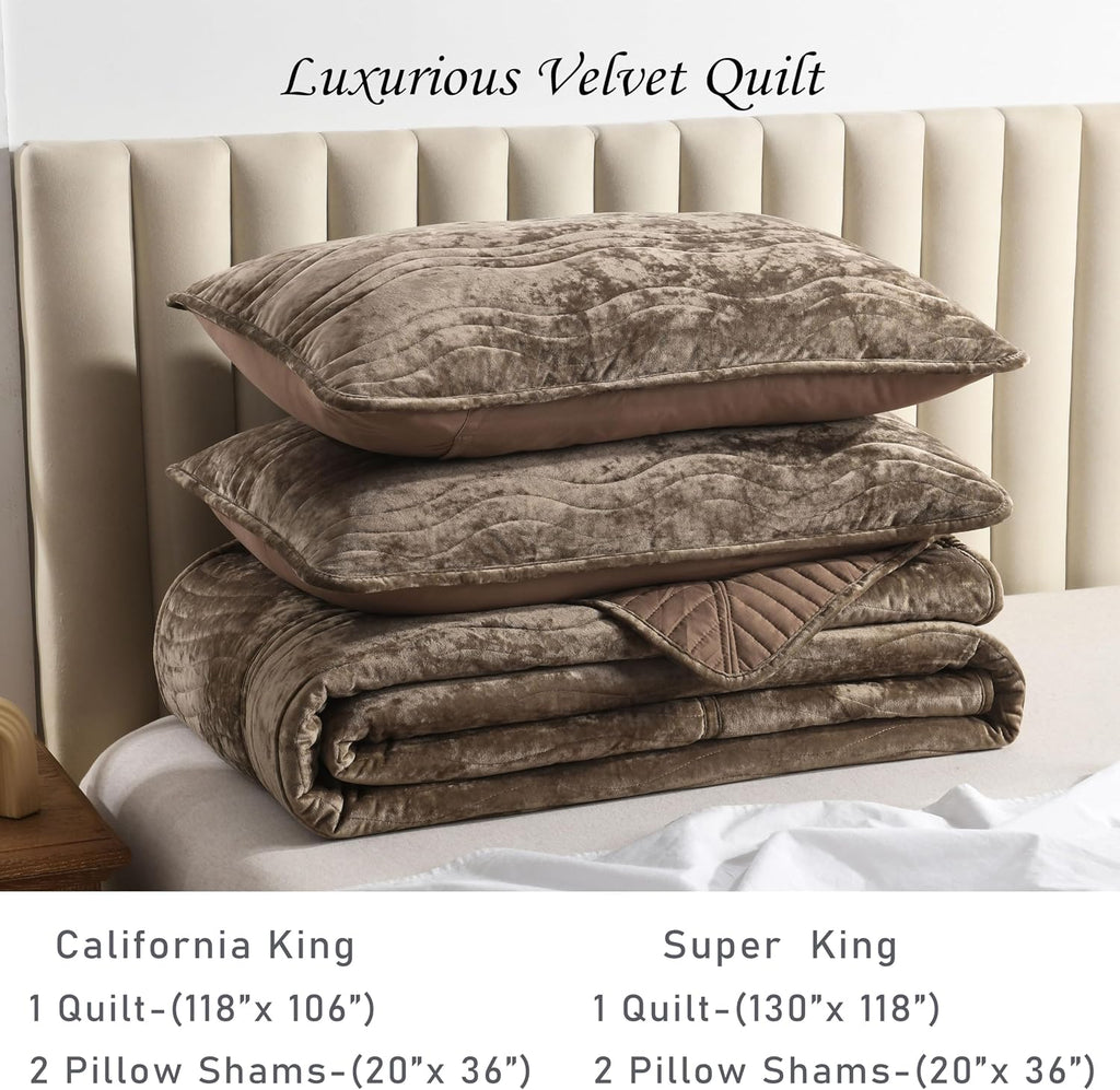 Velvet California King Size Quilt, Oversized California Comforter Set Mocha Brown Bedding Set (118'*106') with 2 Pillow Shams, Luxurious Quilt Set,All-Season 3 Pieces