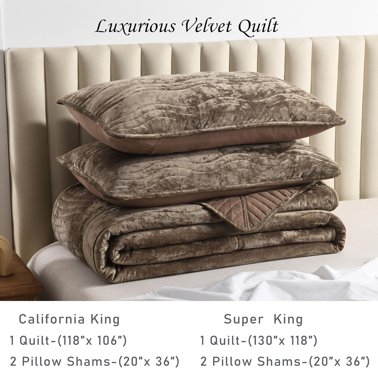 Velvet Super King Size Quilt, Oversized California Comforter Set Mocha Brown Bedding Set (130'*118') with 2 Pillow Shams, Luxurious Quilt Set,All-Season 3 Pieces
