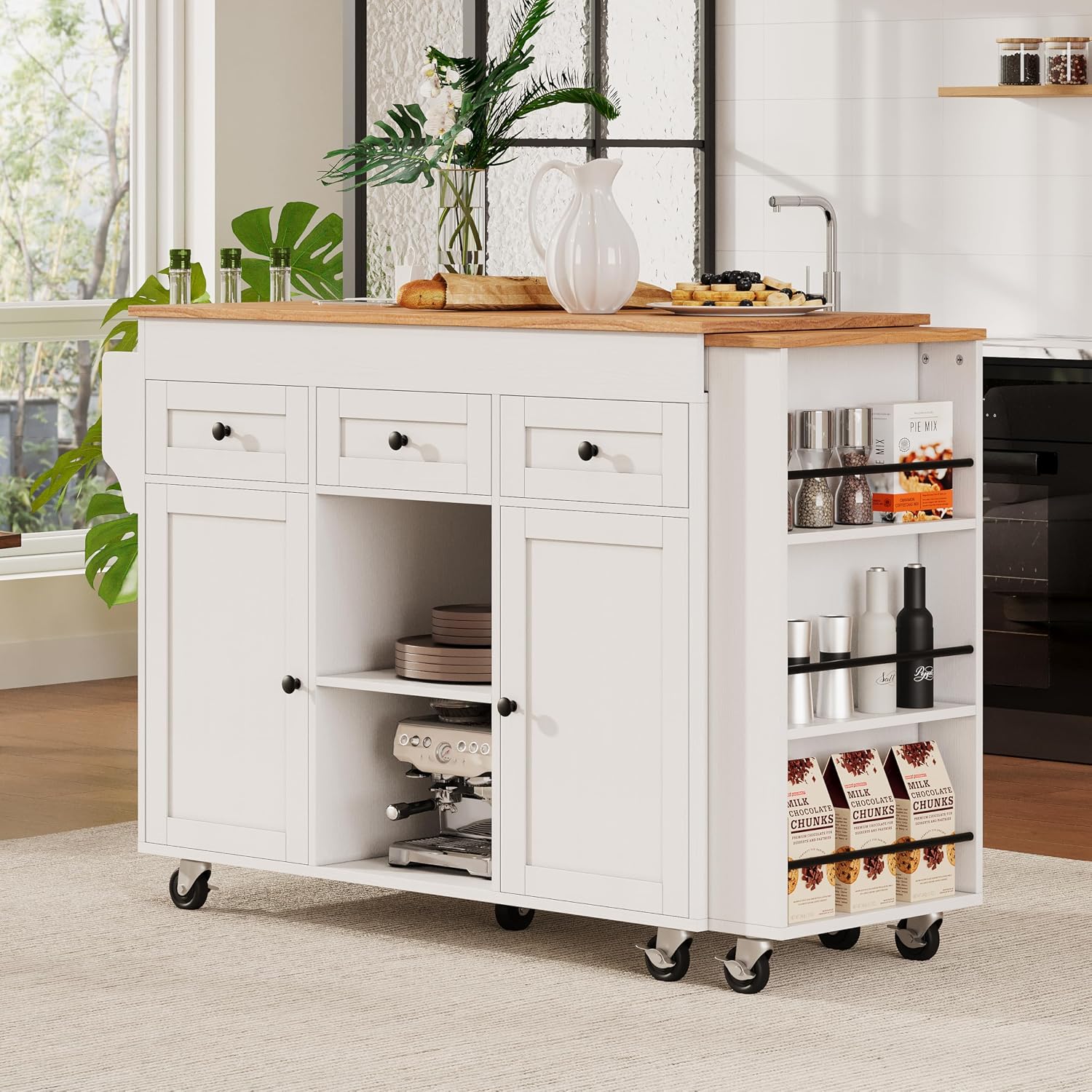 85.5' Kitchen Island with Extendable Dining Table, Kitchen Storage Table with 3 Side Open Shelves, Rolling Kitchen Island with Power Outlet, 3 Drawers, 2 Doors, for Kitchen, Dining Room (White#78)