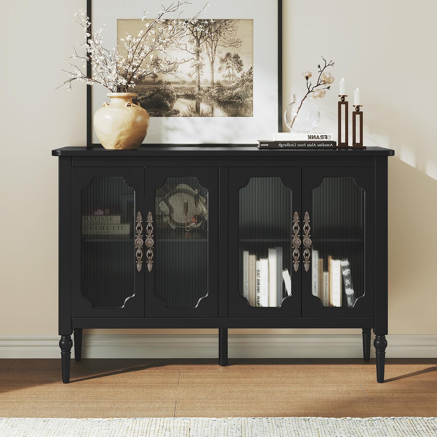 Vintage Buffet Sideboard with 4 Glass Doors, 48' Mid Century Style Storage Cabinet with Shelves, Deractive Crezada, Black Accent Cabinet for Living Room, Kitchen