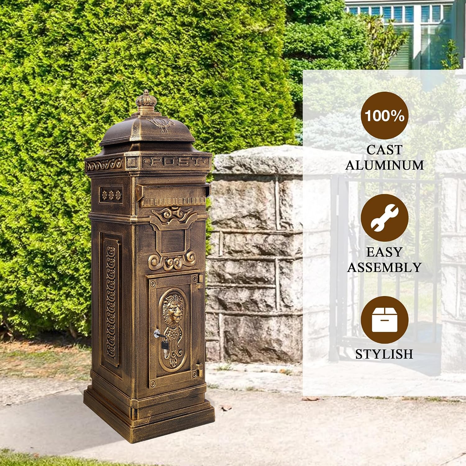 Vintage Large-Capacity Cast Aluminum Mailbox, Outdoor Weatherproof Floor Standing Postbox, Decorative Copper Finish Letter Box with Lock, Roman Column Design for Home Use (Copper)