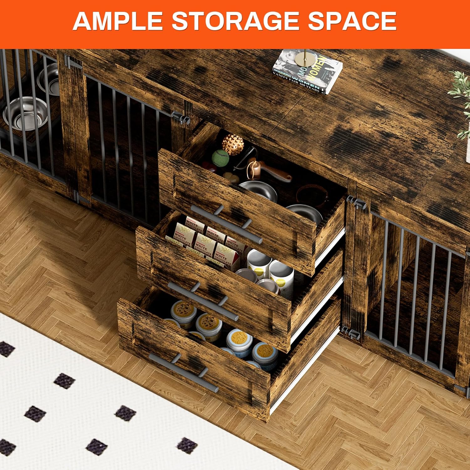 Rophefx 94.5' Dog Crate Furniture for 2 Dogs, Large Dog Kennel Furniture with 3 Storage Drawer, Wooden Dog Cage with 4 Bowls, Indoor Dog House TV Stand with Locks for Large Medium Dog, Rustic Brown
