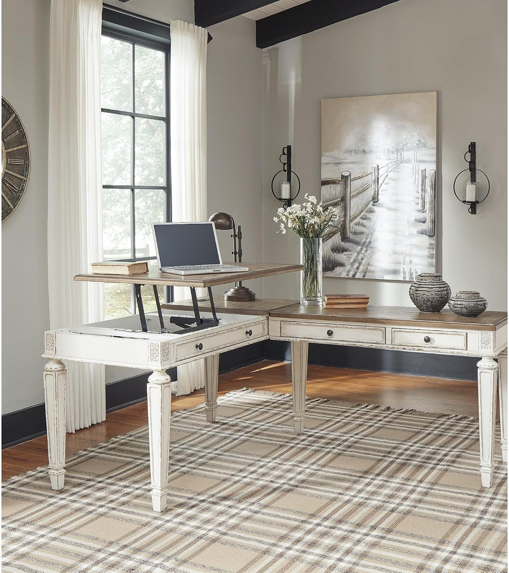 Signature Design by Ashley Realyn French Country 3-Drawer 2-Piece Home Office Desk with Spring Lift Top, USB Ports and AC Plug-Ins, Dark Brown & White