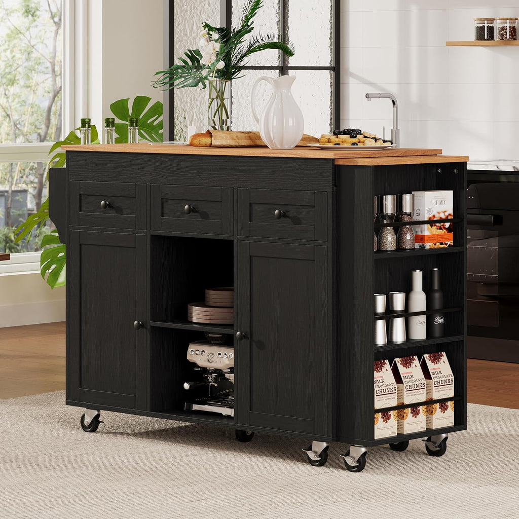 85.5' Kitchen Island with Extendable Dining Table, Kitchen Storage Table with 3 Side Open Shelves, Rolling Kitchen Island with Power Outlet, 3 Drawers, 2 Doors, for Kitchen, Dining Room (Black#78)