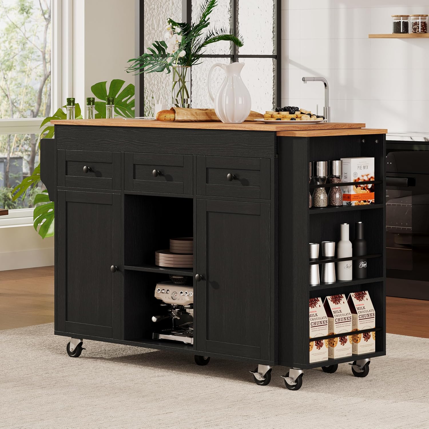 85.5' Kitchen Island with Extendable Dining Table, Kitchen Storage Table with 3 Side Open Shelves, Rolling Kitchen Island with Power Outlet, 3 Drawers, 2 Doors, for Kitchen, Dining Room (Black#78)