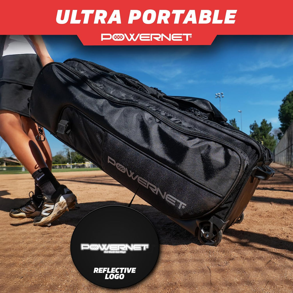 PowerNet Optimus Catcher's Bag, Rolling Equipment Bag Holds All Baseball & Softball Gear, 7 Internal Bat Sleeves, Cleat Compartment, Personalization Panel & Hooks