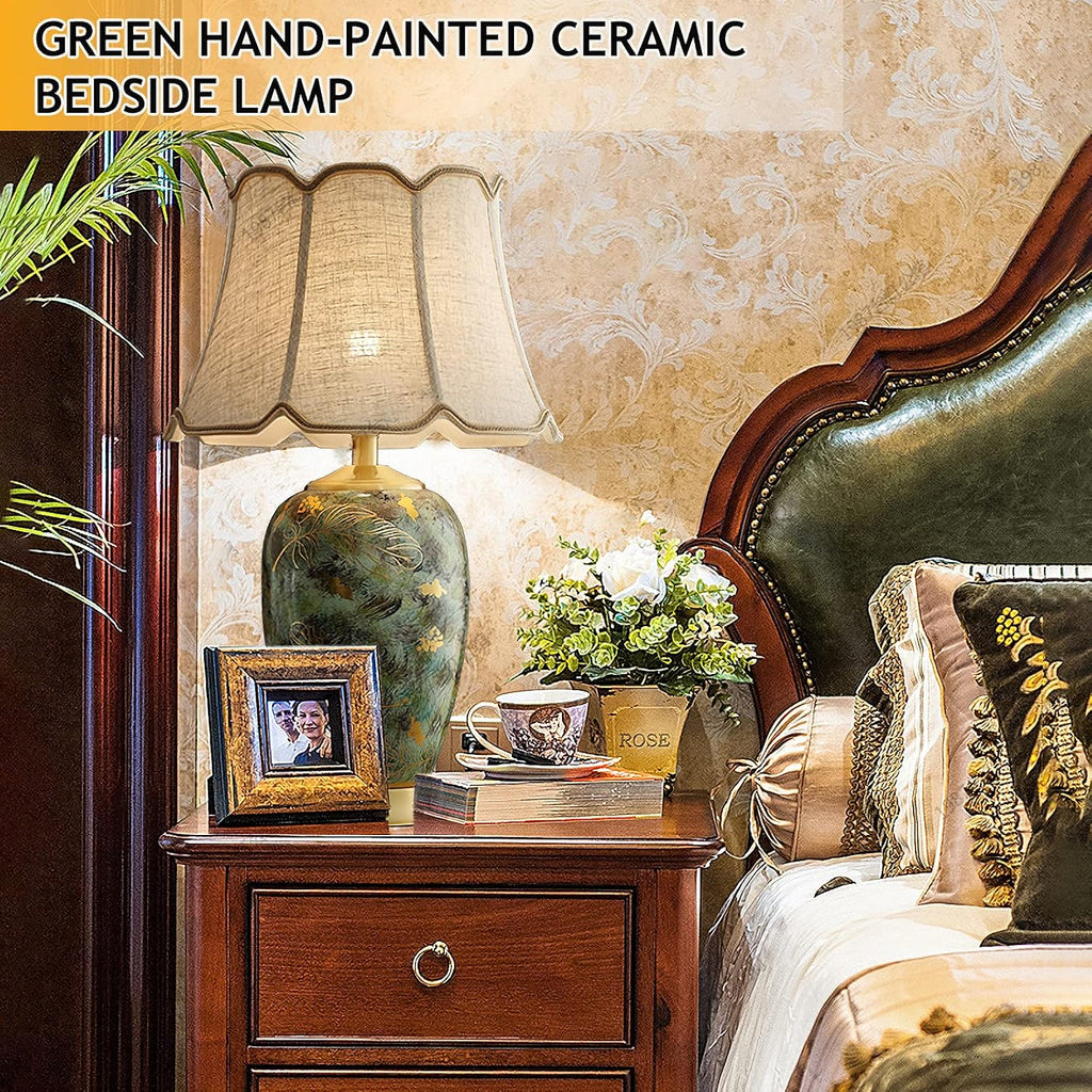 Blue Hand-Painted Ceramic Table Lamp Gold Flower Beside Lamps American Halo Ceramic Lamp Body with Fabric lampshade Nightstand for Living Room Bedroom Home Office