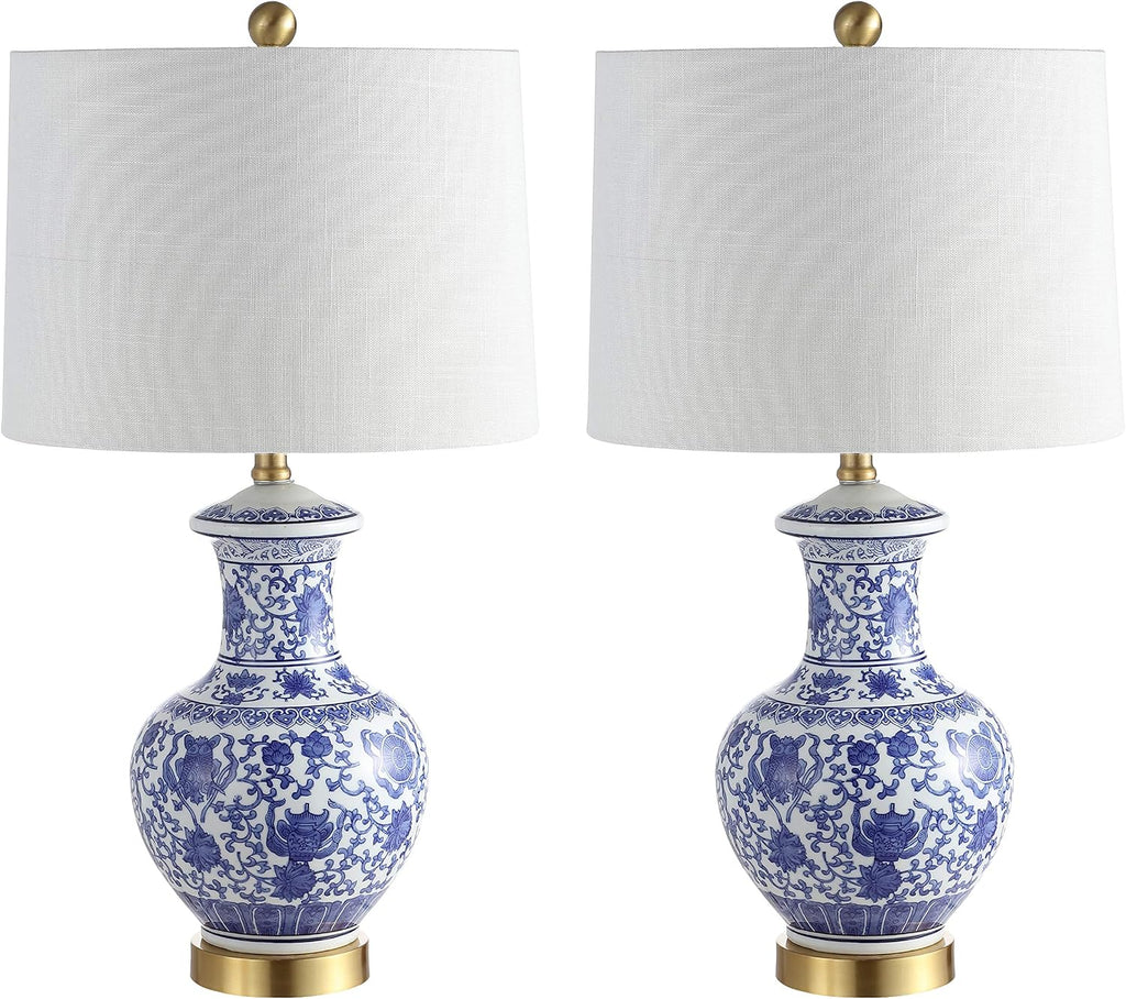JONATHAN Y 25.25' Blue/White Ceramic Ginger Jar Table Lamp Set of 2, Traditional Brass Gold Base for Living Room Bedroom, White Linen Drum Shade, LED Bulbs Included JYL1072A-SET2