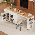 85.5' Kitchen Island with Extendable Dining Table, Kitchen Storage Table with 3 Side Open Shelves, Rolling Kitchen Island with Power Outlet, 3 Drawers, 2 Doors, for Kitchen, Dining Room (White#78)
