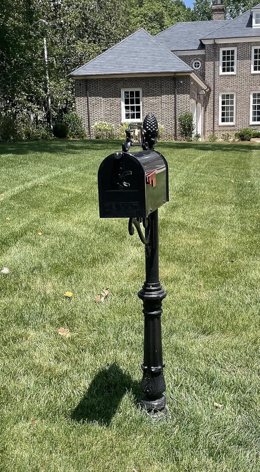 Hampton Mailbox with Post Combo – Black Aluminum Decorative Mailbox – Includes Address Plaque, House Numbers, Pineapple Finial, & Hardware (Large)