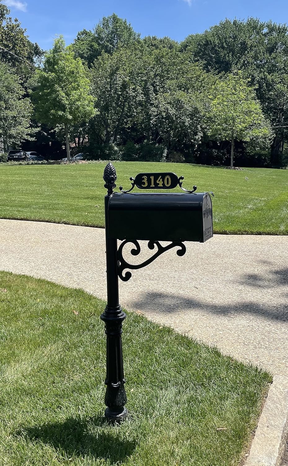 Hampton Mailbox with Post Combo – Black Aluminum Decorative Mailbox – Includes Address Plaque, House Numbers, Pineapple Finial, & Hardware (Large)