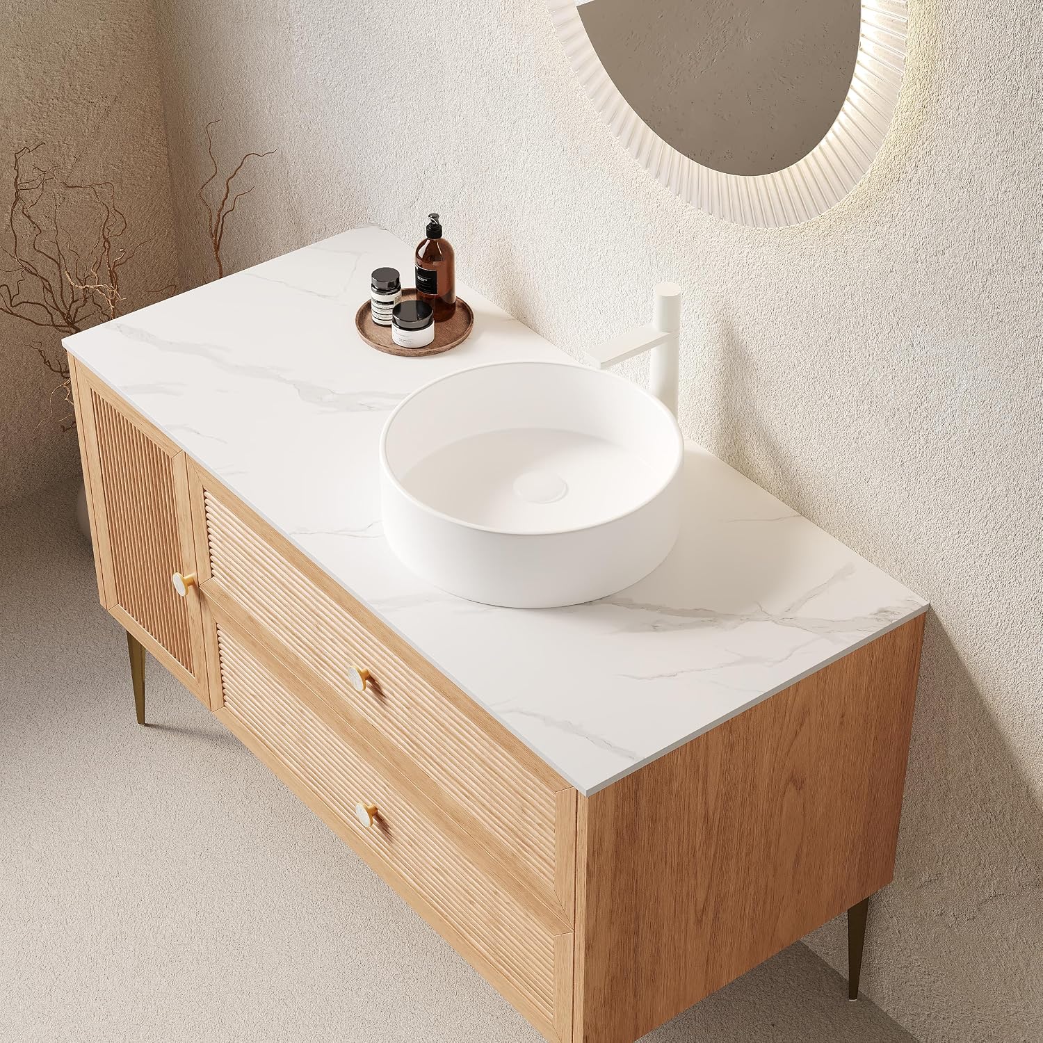 48' Bathroom Vanity with Ceramic Sink, Freestanding Plywood Storage Cabinet with 2 Drawers and Soft Close Doors, 4 Metal Legs, Modern Wooden Bathroom Vanities, Pre-Assembled, Oak