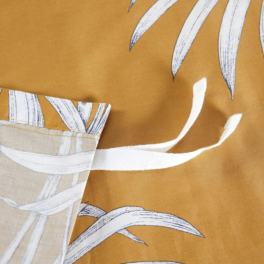 Eikei Midnight Blue Botanical Print Duvet Quilt Cover Egyptian Cotton Bedding Set Modern Luxury Minimal Palm Leaf Dark Charcoal Navy Ocher Floral Watercolor Design (Mustard Yellow, King)