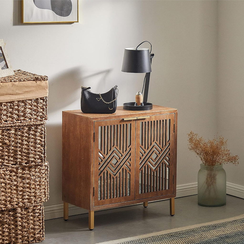 COZAYH 2 Door Accent Cabinet, Wood Sideboard Storage Furniture with Modern Geometric Mirror Front, Freestanding Home and Kitchen Cabinet, Brown/Silver