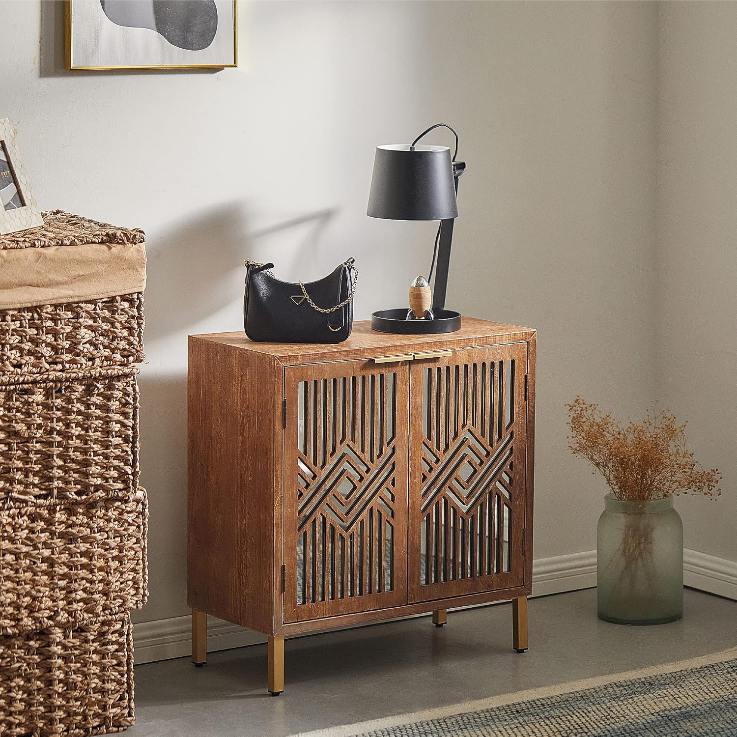 COZAYH 2 Door Accent Cabinet, Wood Sideboard Storage Furniture with Modern Geometric Mirror Front, Freestanding Home and Kitchen Cabinet, Brown/Silver