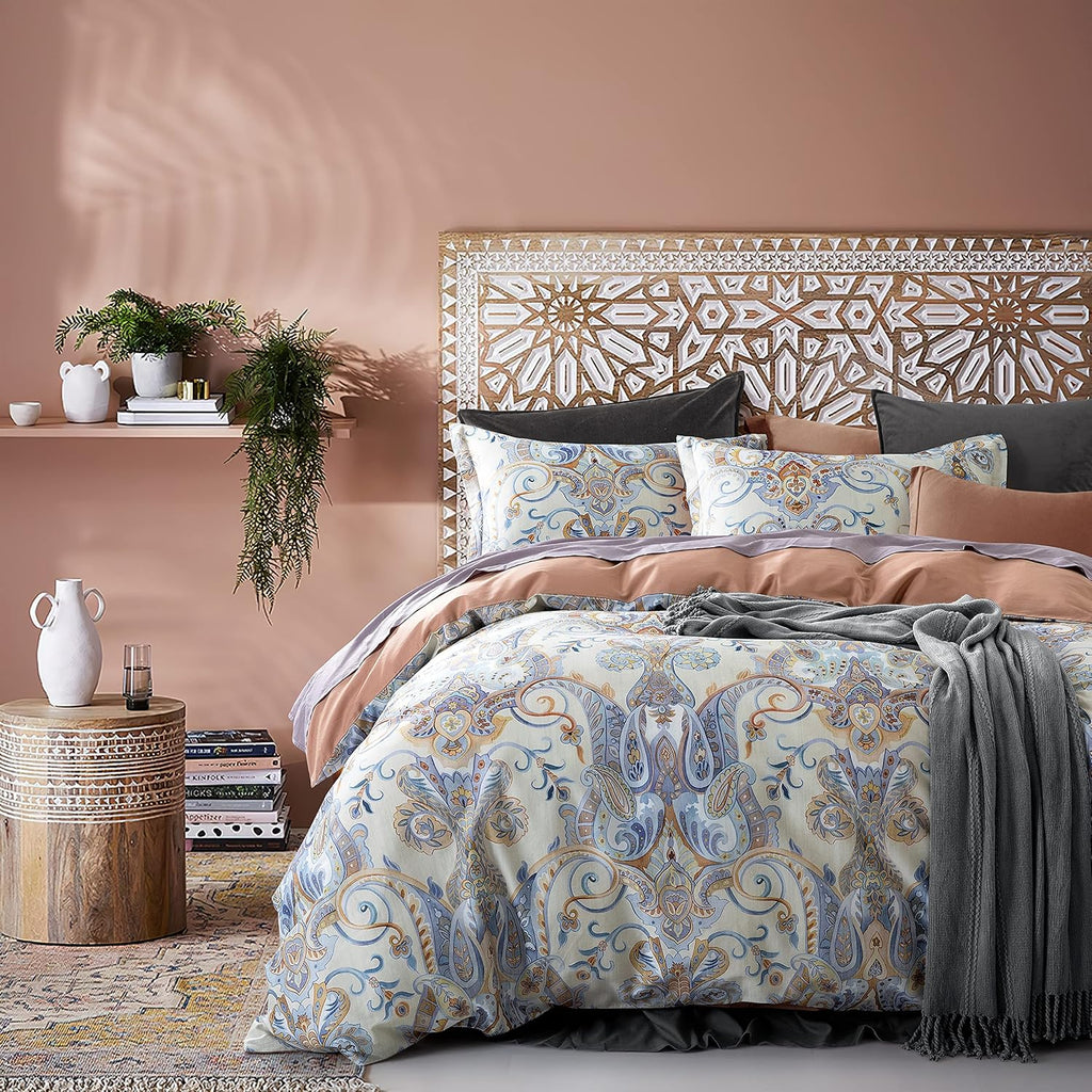 Venetian Damask Bohemian Paisley Duvet Cover Set Boho Chic Watercolor Medallion 400TC Egyptian Cotton Sateen Luxury Style Bed Linen (Copper Blue, King)
