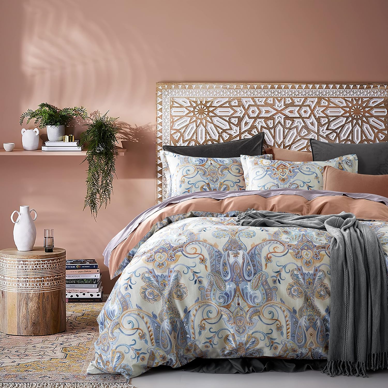 Venetian Damask Bohemian Paisley Duvet Cover Set Boho Chic Watercolor Medallion 400TC Egyptian Cotton Sateen Luxury Style Bed Linen (Copper Blue, King)