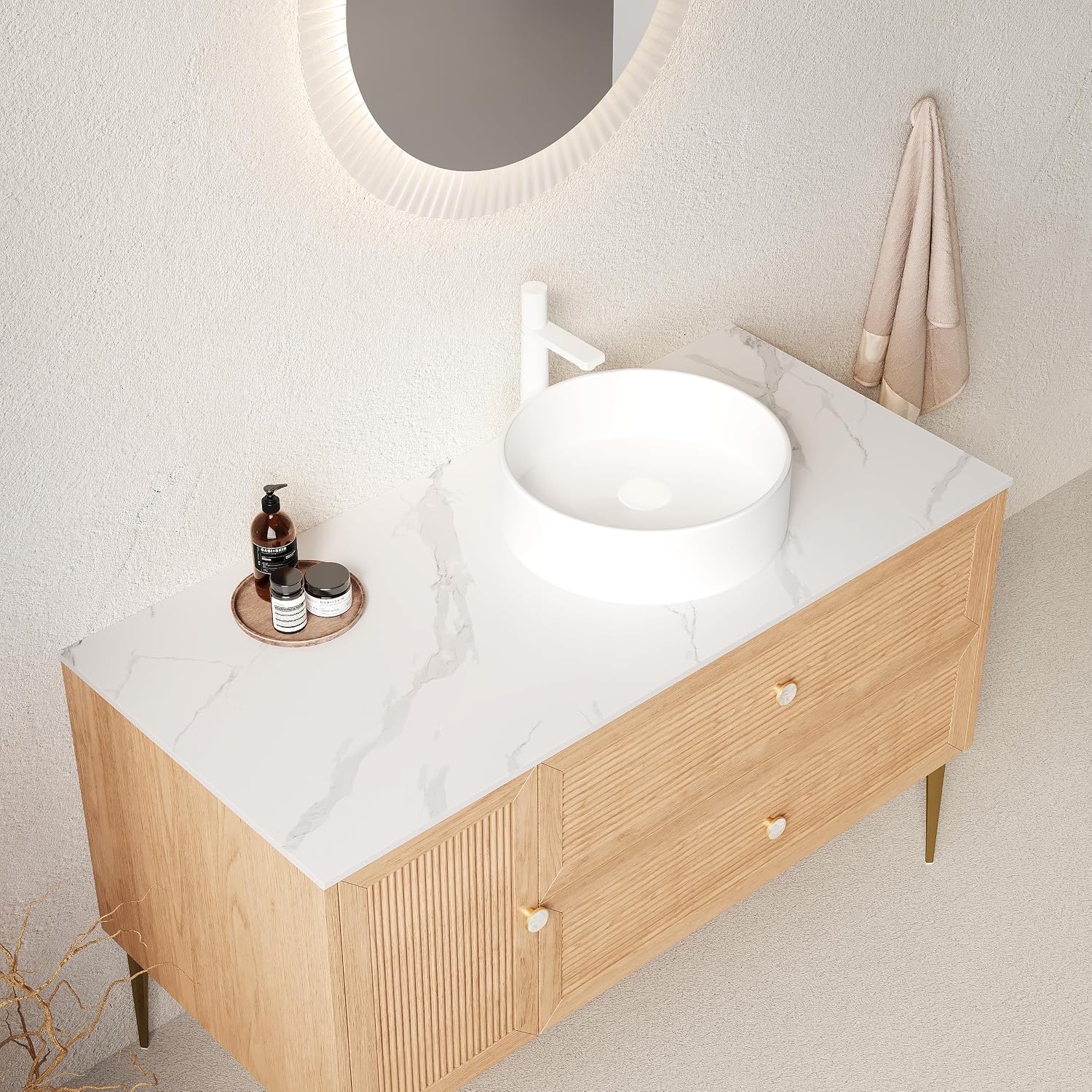 48' Bathroom Vanity with Ceramic Sink, Freestanding Plywood Storage Cabinet with 2 Drawers and Soft Close Doors, 4 Metal Legs, Modern Wooden Bathroom Vanities, Pre-Assembled, Oak