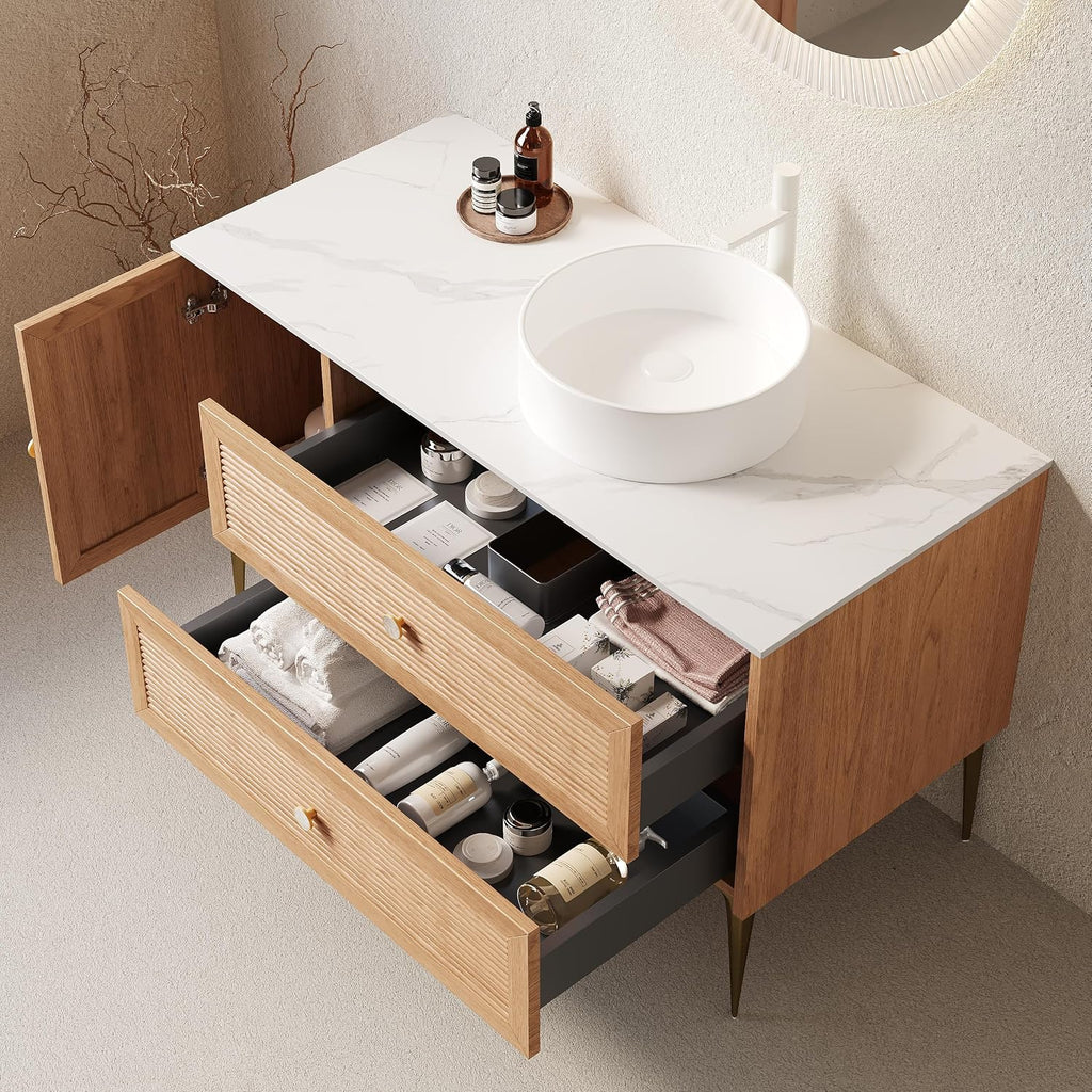 48' Bathroom Vanity with Ceramic Sink, Freestanding Plywood Storage Cabinet with 2 Drawers and Soft Close Doors, 4 Metal Legs, Modern Wooden Bathroom Vanities, Pre-Assembled, Oak